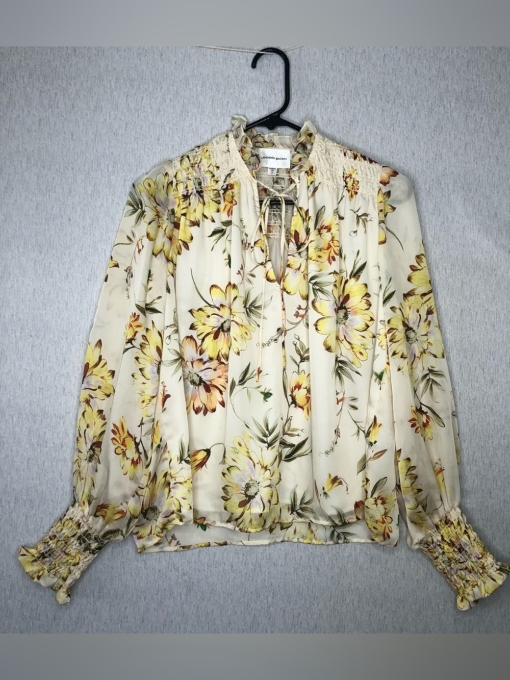 Lavender Brown Molly Top S Cream Floral Smocked-Trim Blouse Yellow Blossoms USA